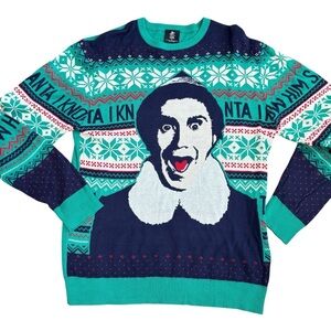 Elf the Movie Ugly Christmas Sweater Large "Santa OMG I Know Him" Will Ferrell